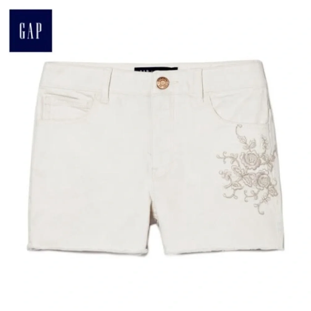 NWT! Gap kids floral embroidered 18 plus size high waisted jean shorts off white